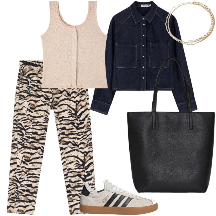 Outfit donna - Fuori per un aperitivo. Stile Casual chic per Serata fuori. Abbinamento con borse tote, canottiere, pantaloni chino, camicie, braccialetti, sneakers.