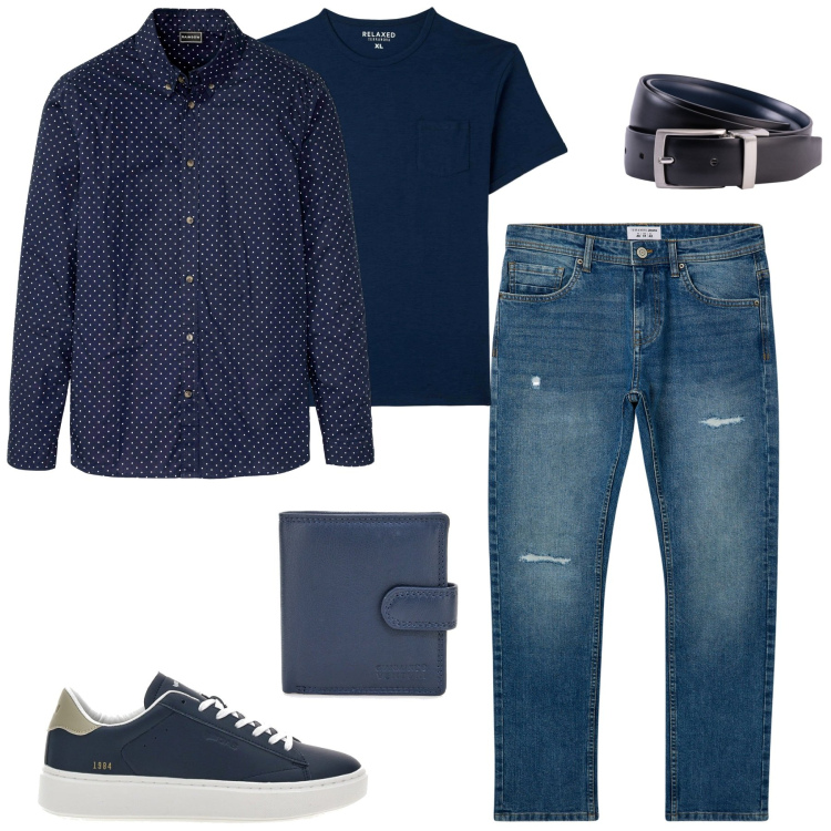 Outfit uomo - Aperitivo di fine estate in terrazza. Stile Business/Elegante per Serata speciale. Abbinamento con camicie, t-shirt, jeans strappati, portafogli, cinture, sneakers.