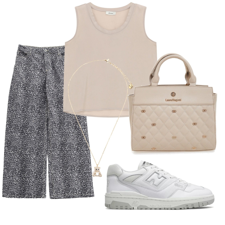 Outfit donna - Semplicemente. Stile Casual per Tutti i giorni. Abbinamento con sneakers, pantaloni, ciondoli, canottiere, borse a mano.