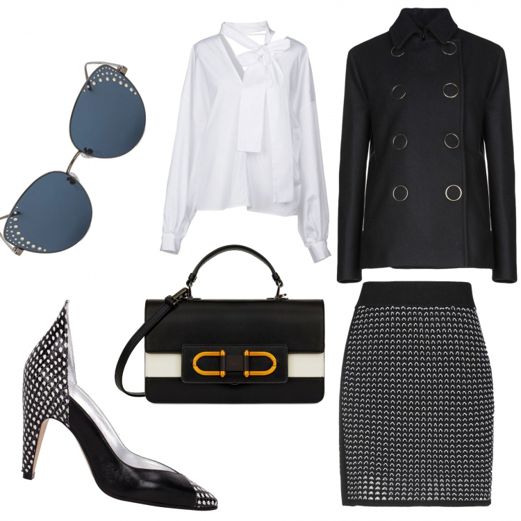 Outfit donna - Convegno di lavoro. Stile Urban per Ufficio. Abbinamento con gonna, cappotto doppiopetto collo classico a maniche lunghe interno foderato tinta unita, blusa con fiocco a maniche lunghe in cotone tinta unita, décolleté, occhiali da sole, borsa a mano.