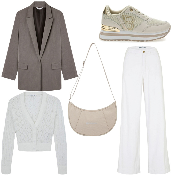Outfit donna - Autumn fashion. Stile Casual chic per Tutti i giorni. Abbinamento con jeans, blazer, cardigans, borse a spalla, sneakers.