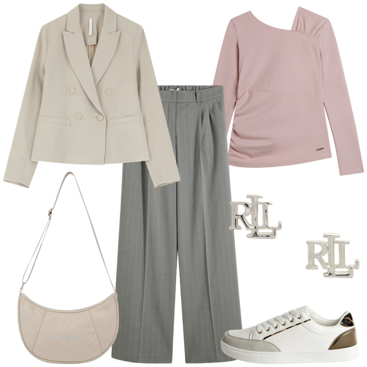 Outfit donna - Minimal chic autunnale - curvy. Stile Casual chic per Ufficio. Abbinamento con pantaloni a palazzo, sneakers, blazer, maglieria, borse a spalla, orecchini.