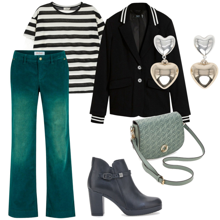 Outfit donna - Le righe. per Scuola/Università. Abbinamento con blazer, pantaloni, orecchini, t-shirt, borse a tracolla, stivaletti.