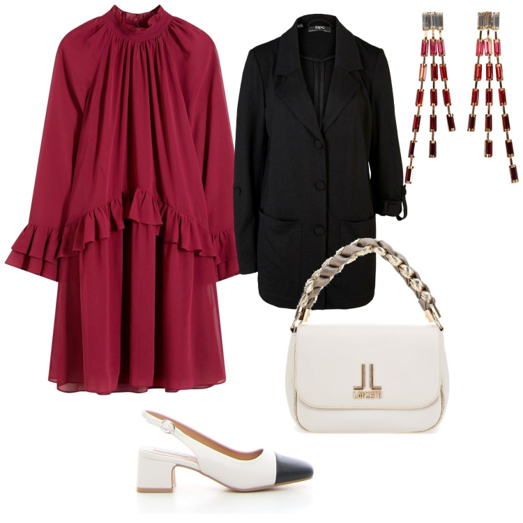 Outfit donna - Un po\' di eleganza. per Serata fuori. Abbinamento con blazer, orecchini, vestiti, borse a tracolla, décolleté.