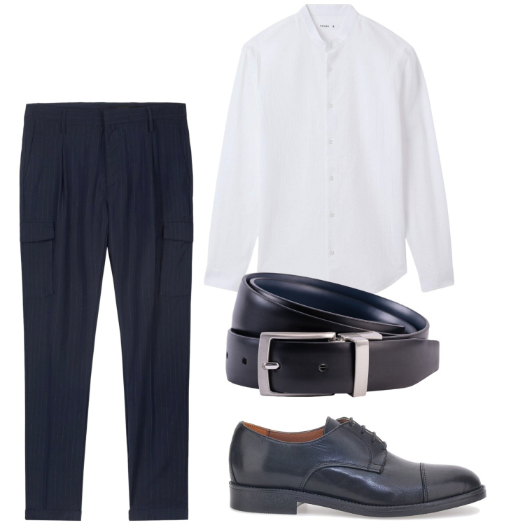 Outfit uomo - Ritorno in ufficio. Stile Business/Elegante per Ufficio. Abbinamento con camicie, pantaloni cargo, cinture, scarpe stringate.
