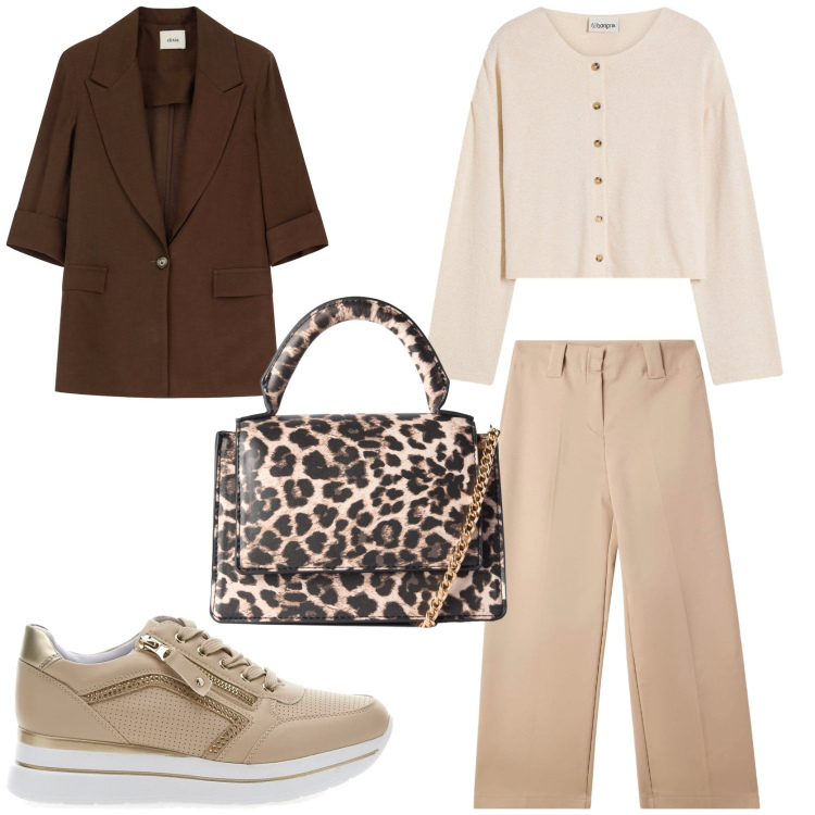 Outfit donna - Classic look autumn edition. Stile Chic per Tutti i giorni. Abbinamento con cardigans, pantaloni a palazzo, borse a tracolla, blazer, sneakers.