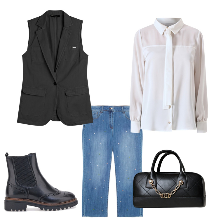 Outfit donna - Un settembre casual. Stile Casual chic per Tutti i giorni. Abbinamento con camicie, borse a mano, gilet, stivaletti chelsea, jeans.