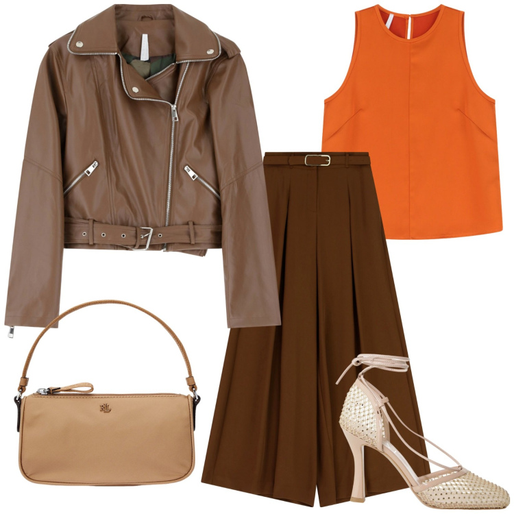Outfit donna - Tempo d\' autunno. Stile Casual chic per Ufficio. Abbinamento con pantaloni, giacche, top, décolleté, pochette.