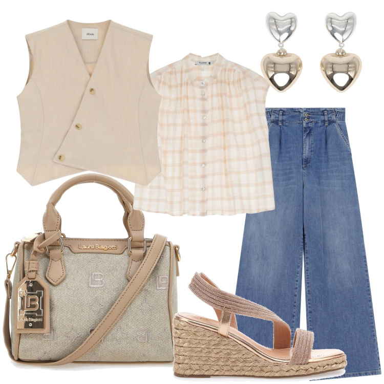 Outfit donna - Casual in città. Stile Casual per Tutti i giorni. Abbinamento con orecchini, camicie, jeans, gilet, borse a tracolla, sandali.