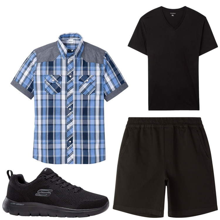 Outfit uomo - Settembre a quadri. Stile Casual per Tutti i giorni. Abbinamento con camicie a manica corta, sneakers, bermuda, t-shirt.