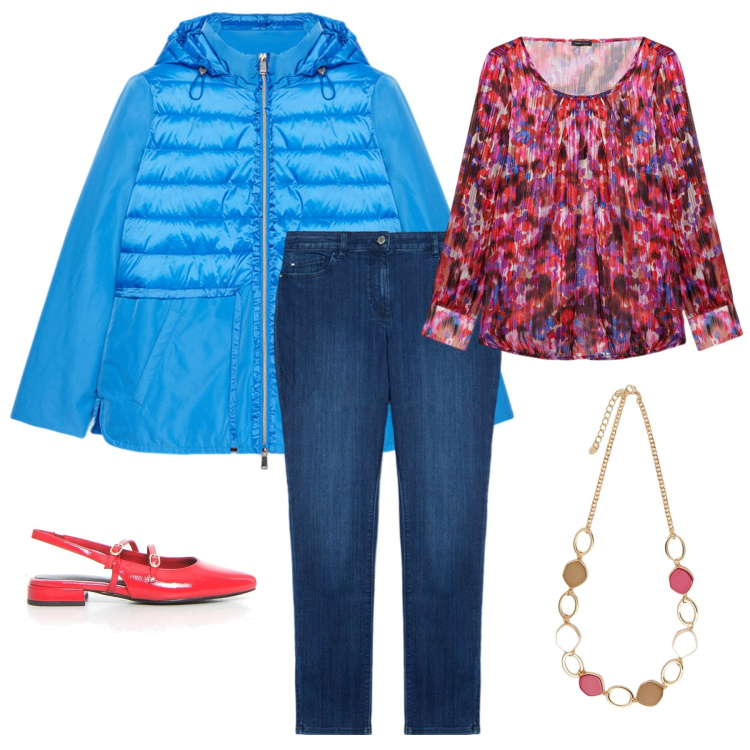Outfit donna - Pomeriggio ventoso con me amiche. Stile Casual per Tutti i giorni. Abbinamento con jeans skinny, piumini, collane, bluse, sandali in pelle.