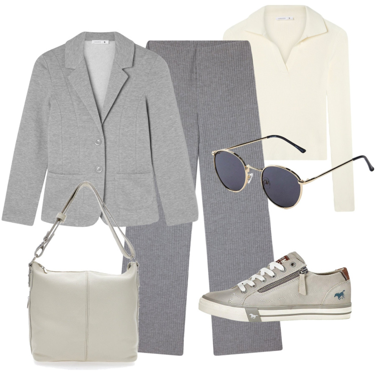 Outfit donna - Il blazer in felpa. Stile Casual per Tutti i giorni. Abbinamento con occhiali da sole, sneakers, pantaloni, blazer, maglieria, borse a spalla.