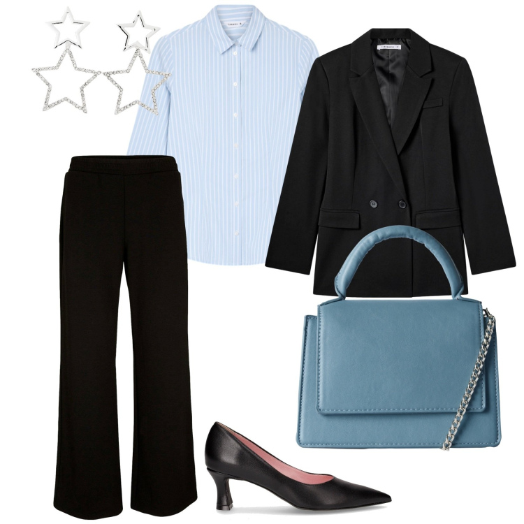 Outfit donna - Outfit per il lavoro. per Ufficio. Abbinamento con pantaloni a palazzo, orecchini, blazer, borse a tracolla, camicie, décolleté.
