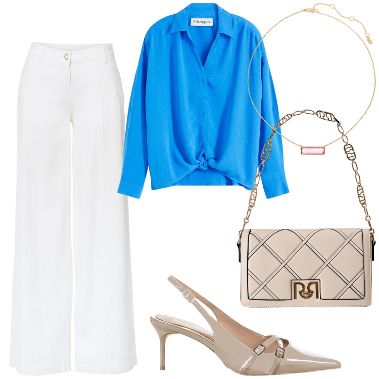 Outfit donna - Total look #2240389. Stile Minimal per Ufficio. Abbinamento con bluse, pantaloni a palazzo, borse a tracolla, décolleté, collane.