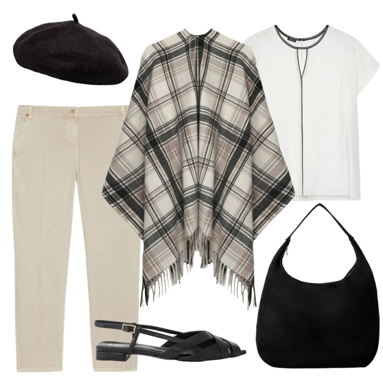 Outfit donna - La mantella tartan in autunno. Stile Bon Ton per Ufficio. Abbinamento con borse a mano, cappotti, sandali, cappelli e berretti, bluse, pantaloni chino.