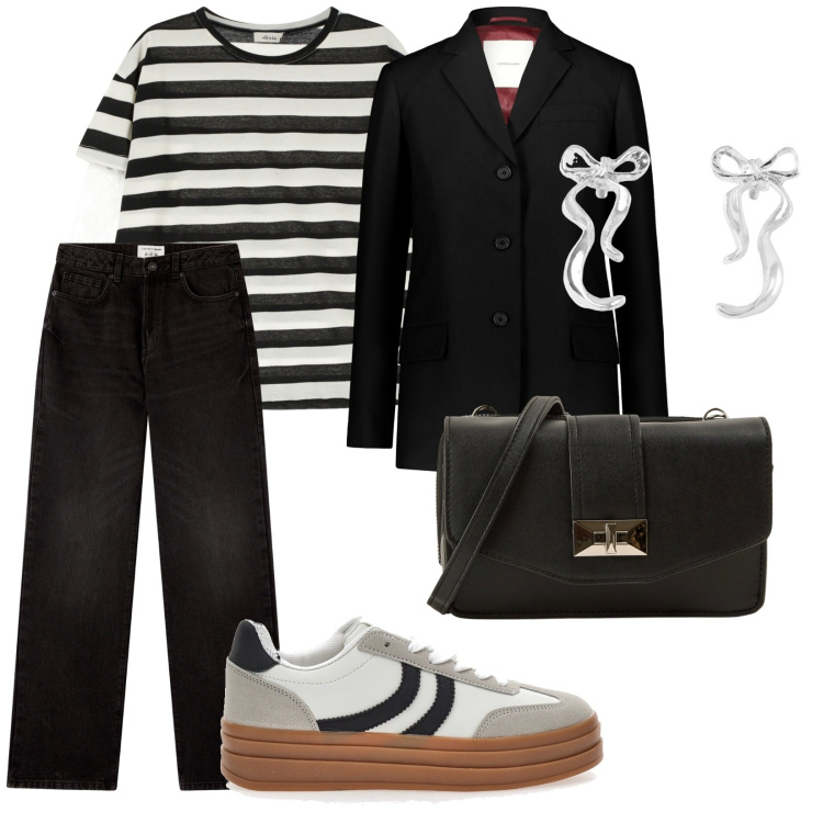 Outfit donna - Scuola. per Scuola/Università. Abbinamento con orecchini, borse a tracolla, jeans dritti, t-shirt, sneakers, blazer.