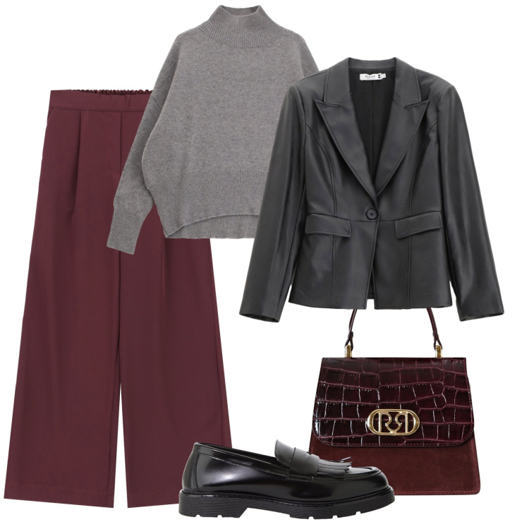 Outfit donna - Il blazer in similpelle. Stile Urban per Ufficio. Abbinamento con borse a mano, blazer, pantaloni a palazzo, mocassini, maglieria.