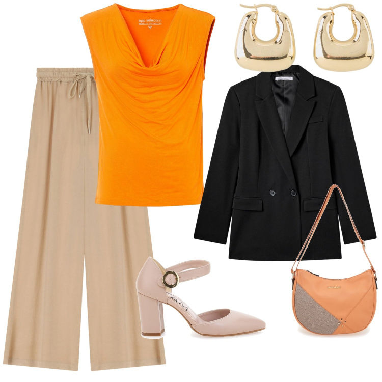 Outfit donna - Colori autunnali. per Tutti i giorni. Abbinamento con top, orecchini, blazer, pantaloni a palazzo, borse a tracolla, décolleté.