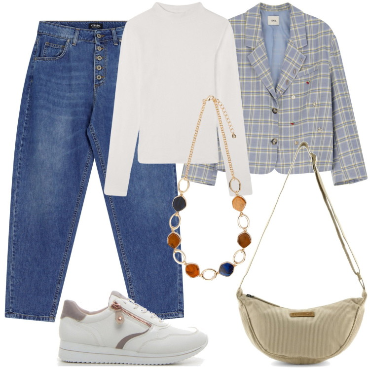 Outfit donna - Blazer per l\'autunno. Stile Basic per Tutti i giorni. Abbinamento con t-shirt, blazer, jeans, collane, sneakers, borse a tracolla.