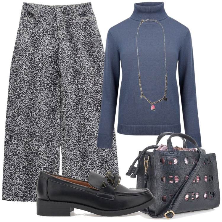 Outfit donna - Animalier a palazzo. Stile Minimal per Ufficio. Abbinamento con pantaloni, ciondoli, mocassini, maglieria, borse a mano.