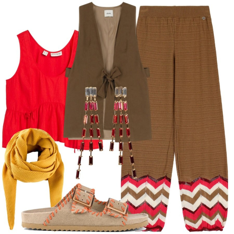 Outfit donna - Viaggio in India. Stile Etnico per Tutti i giorni. Abbinamento con foulard, orecchini, top, pantaloni, gilet, sandali.