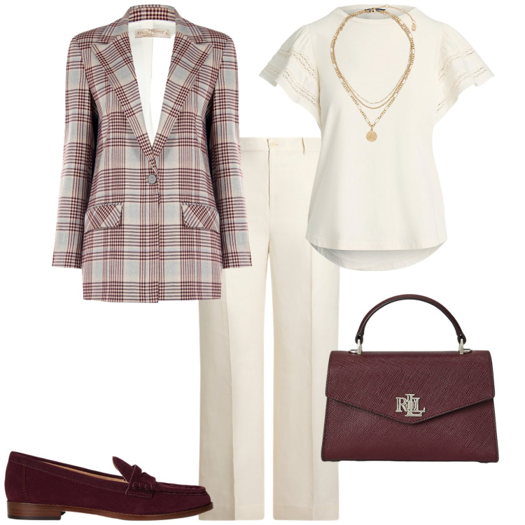 Outfit donna - Total look #2240402. Stile Bon Ton per Tutti i giorni. Abbinamento con blazer, ciondoli, t-shirt, mocassini, borse a mano, pantaloni.