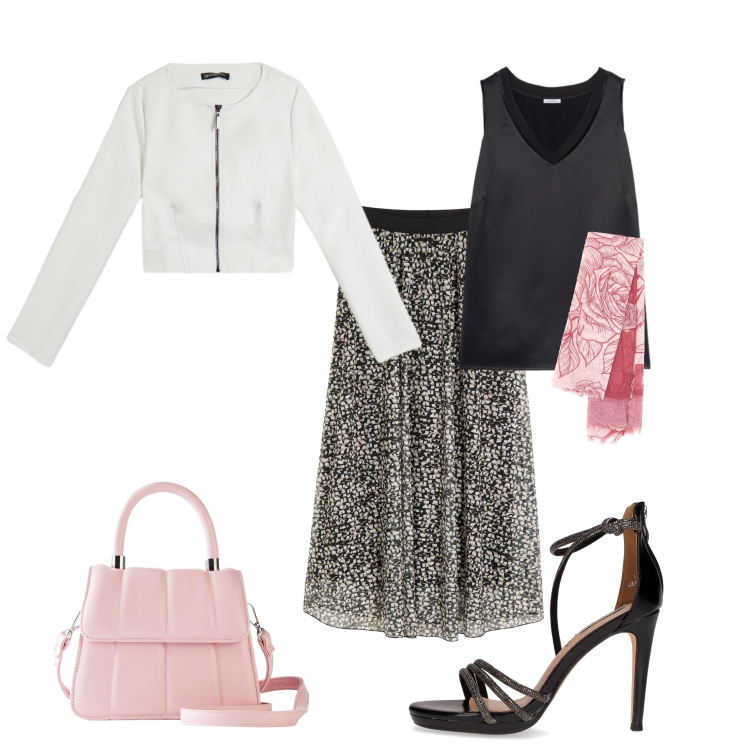 Outfit donna - Black and white with a pink touch. Stile Chic per Serata fuori. Abbinamento con gonne, borse a tracolla, giacche, foulard, top, sandali in pelle.