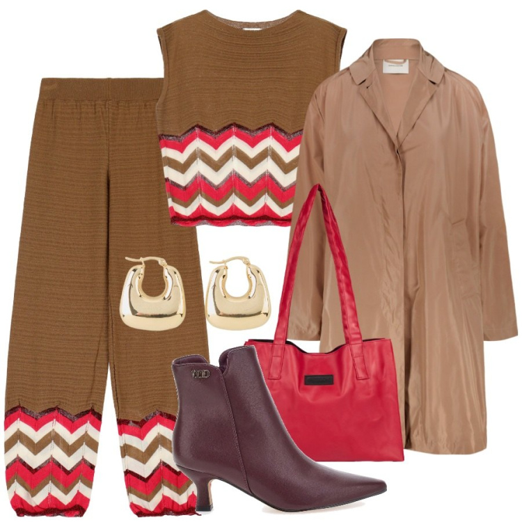 Outfit donna - Losanghe autunnali. Stile Etnico per Tutti i giorni. Abbinamento con orecchini, pantaloni, maglieria, shopping bag, trench, stivaletti.