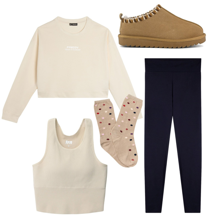 Outfit donna - Weekend rilassante a casa. Stile Minimal per Tutti i giorni. Abbinamento con top sportivi, leggings, felpe, sabot, calzini.