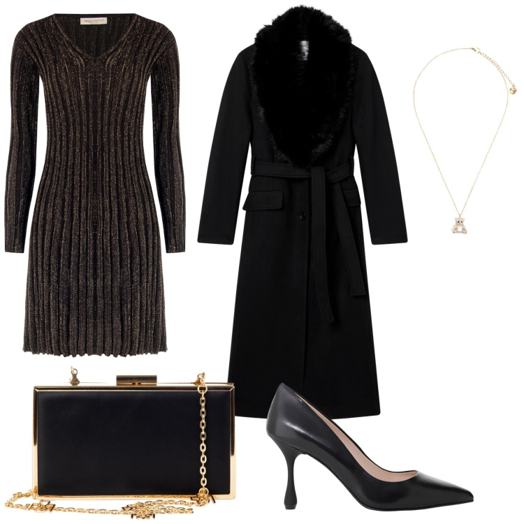 Outfit donna - Serata a teatro. Stile Glamour per Serata fuori. Abbinamento con cappotti, pochette, vestiti corti, ciondoli, décolleté.