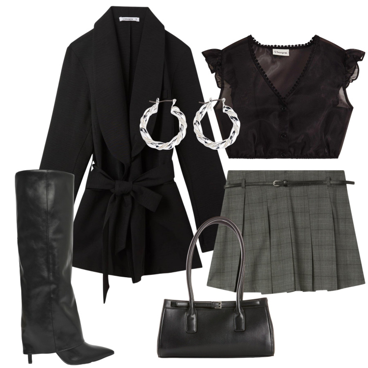 Outfit donna - Un autunno rock. Stile Glamour per Serata fuori. Abbinamento con borse a mano, orecchini, camicie, blazer, minigonne, stivali.