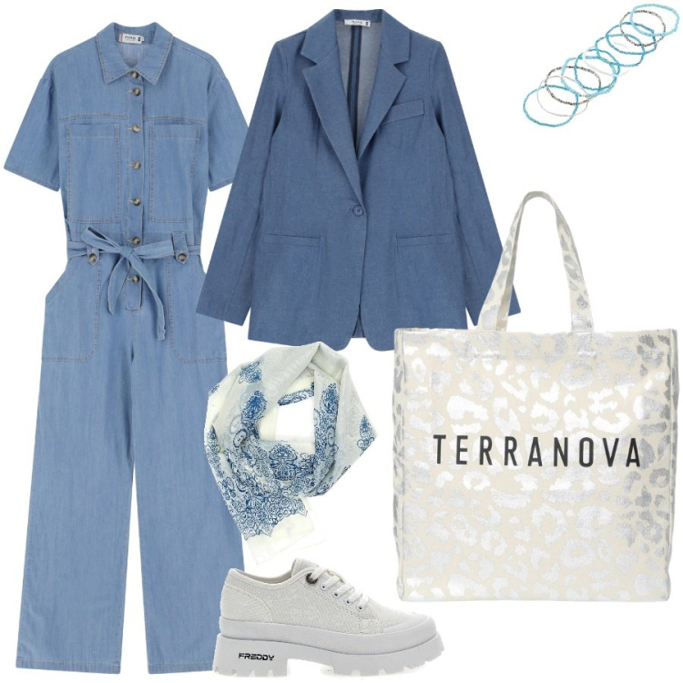Outfit donna - Pronte per un aperitivo. Stile Casual per Serata fuori. Abbinamento con braccialetti, borse tote, blazer, tute, sneakers alte, foulard.