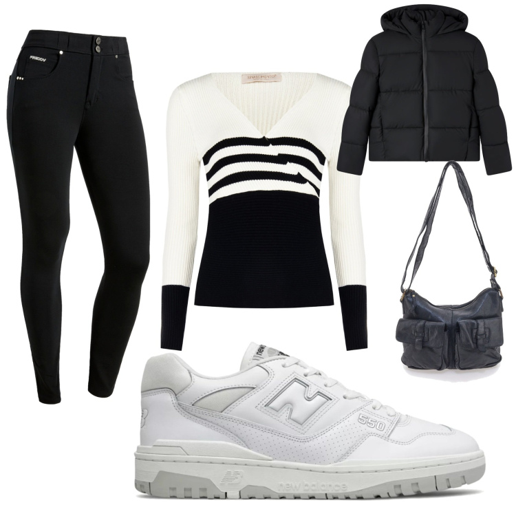 Outfit donna - Bianconero. Stile Casual per Tutti i giorni. Abbinamento con bomber, maglieria, sneakers, pantaloni skinny, borse a tracolla.
