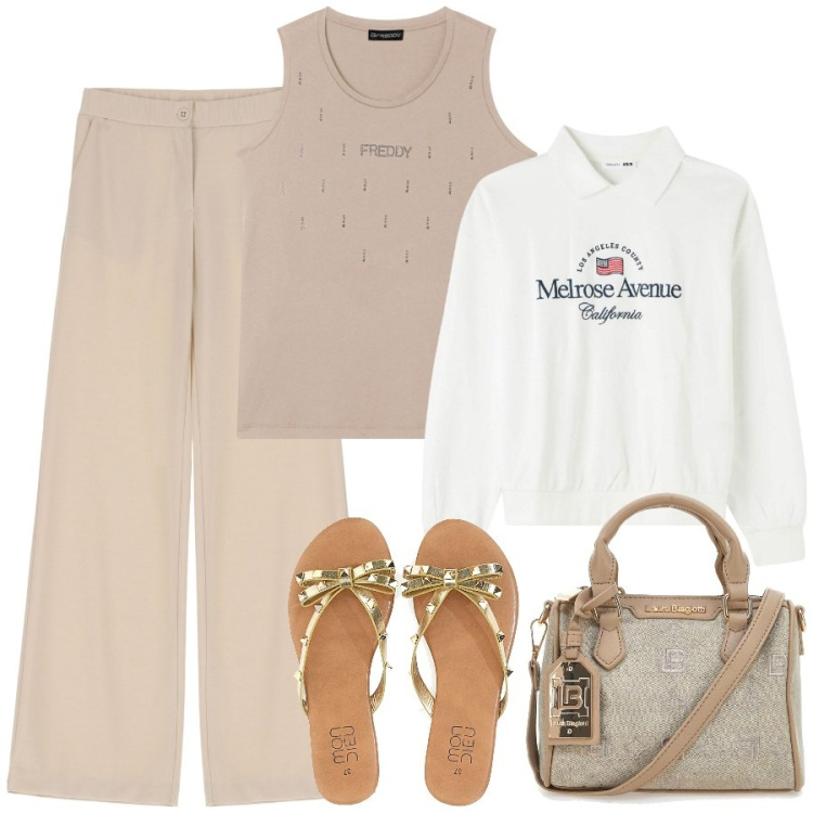 Outfit donna - Melrose Avenue. Stile Casual chic per Tutti i giorni. Abbinamento con felpe, pantaloni, canottiere, borse a tracolla, infradito.