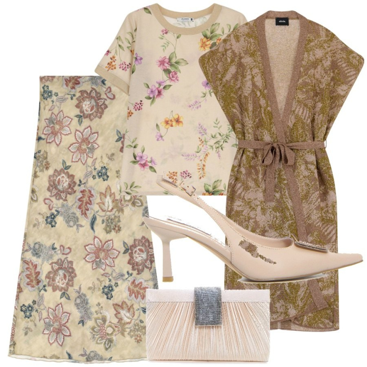 Outfit donna - Cerimonia flower. Stile Romantica per Cerimonia. Abbinamento con t-shirt, cappotti, gonne lunghe, décolleté, pochette.
