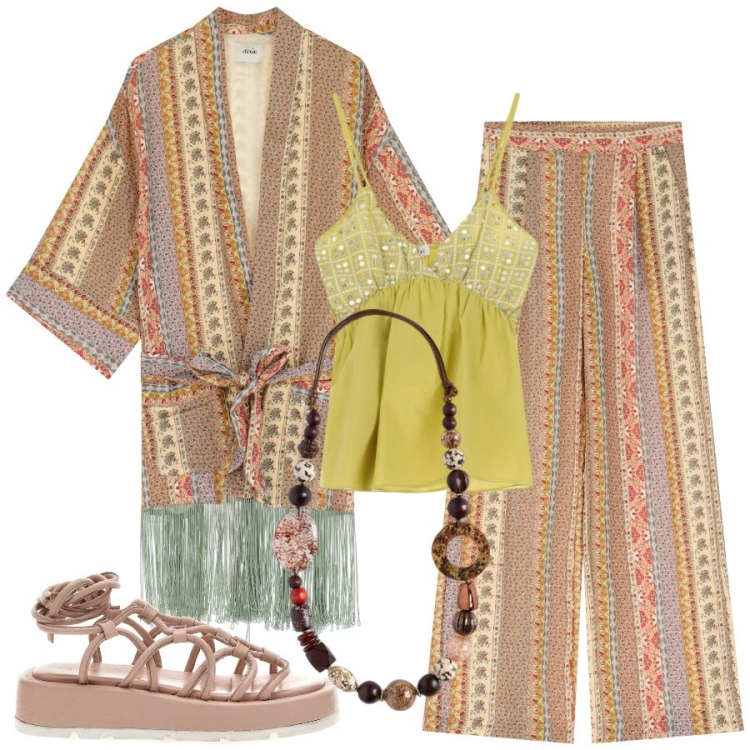 Outfit donna - Viaggio in India. Stile Etnico per Tutti i giorni. Abbinamento con top, pantaloni, trench, sandali alla schiava, collane.