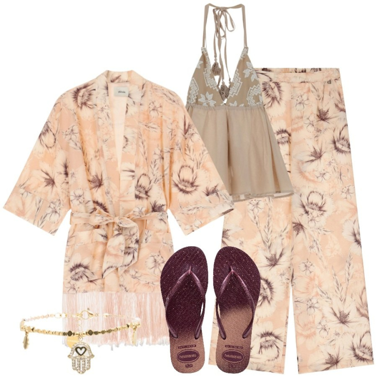 Outfit donna - Holy smoke. Stile Etnico per Tutti i giorni. Abbinamento con braccialetti, pantaloni, top, trench, ciabatte.