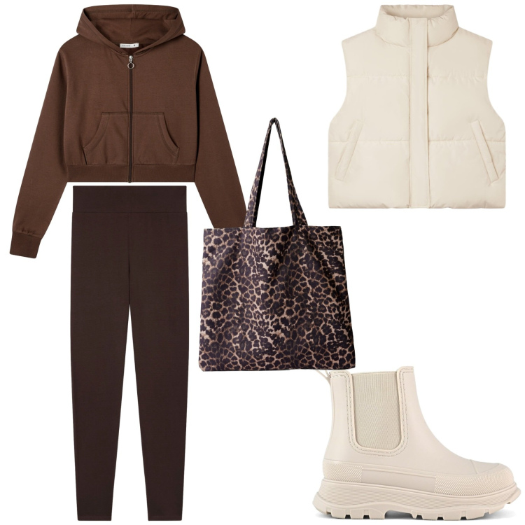 Outfit donna - Una giornata piovosa. Stile Casual per Tutti i giorni. Abbinamento con felpe con cappuccio, shopping bag, leggings, piumini, stivali.