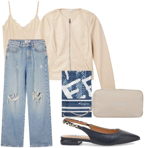 Outfit donna - giubbino leggero. Stile Casual per Tutti i giorni. Abbinamento con top, blazer, jeans strappati, valigie, ballerine, foulard.