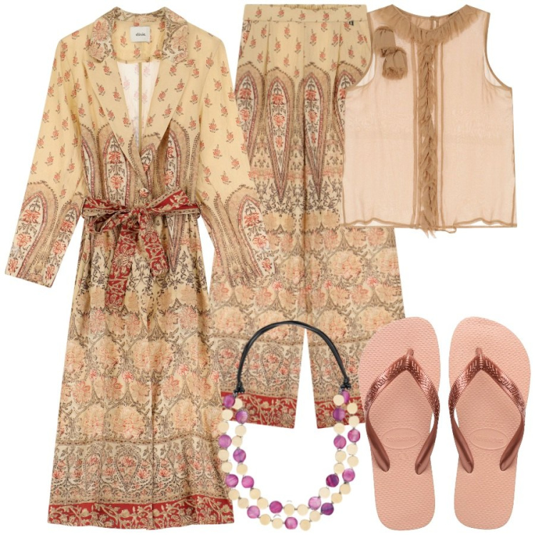 Outfit donna - Templi e buddha. Stile Etnico per Tutti i giorni. Abbinamento con pantaloni, top, trench, ciabatte, collane.