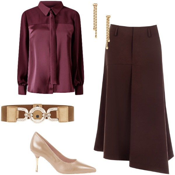 Outfit donna - Glam ma comoda. Stile Glamour per Serata fuori. Abbinamento con gonne longuette, décolleté, cinture, camicie, orecchini.