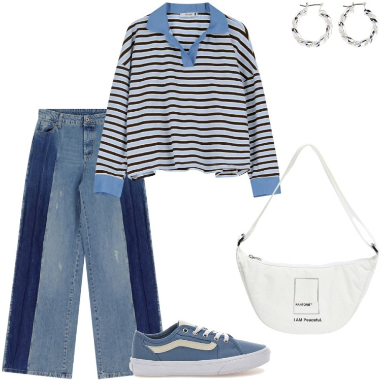 Outfit donna - Tempo libero. Stile Casual per Tutti i giorni. Abbinamento con orecchini, marsupi, maglieria, jeans, sneakers.