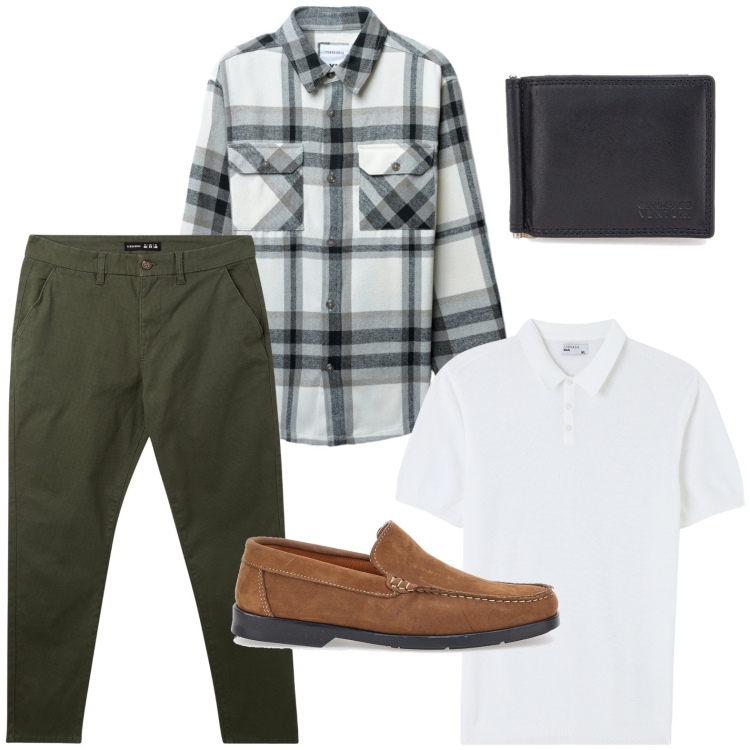 Outfit uomo - Street style. Stile Casual per Tutti i giorni. Abbinamento con pantaloni chino, cappotti, t-shirt, portafogli, scarpe stringate.