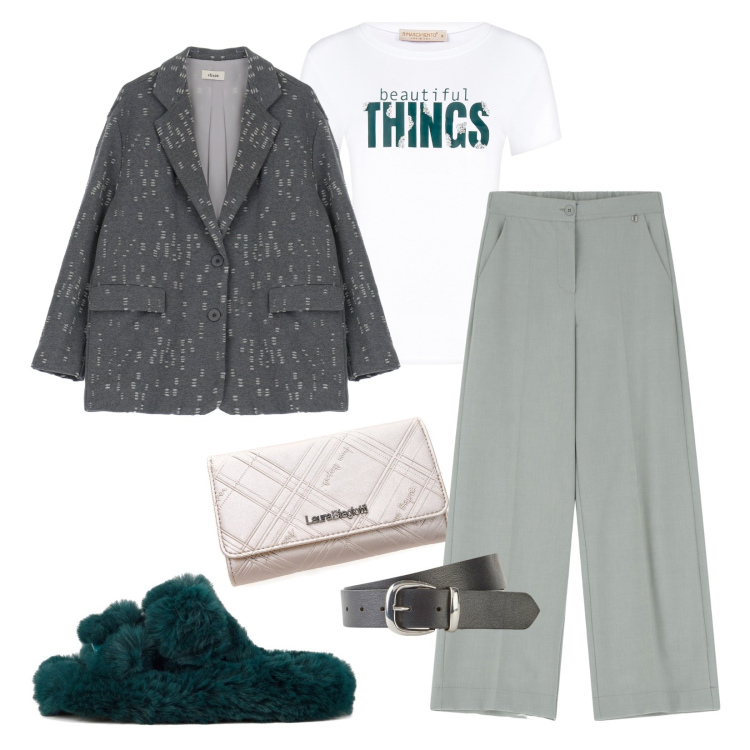 Outfit donna - Combo grigio e verde!. Stile Urban per Tutti i giorni. Abbinamento con cinture, t-shirt, pantaloni a palazzo, blazer, ciabatte, portafogli.