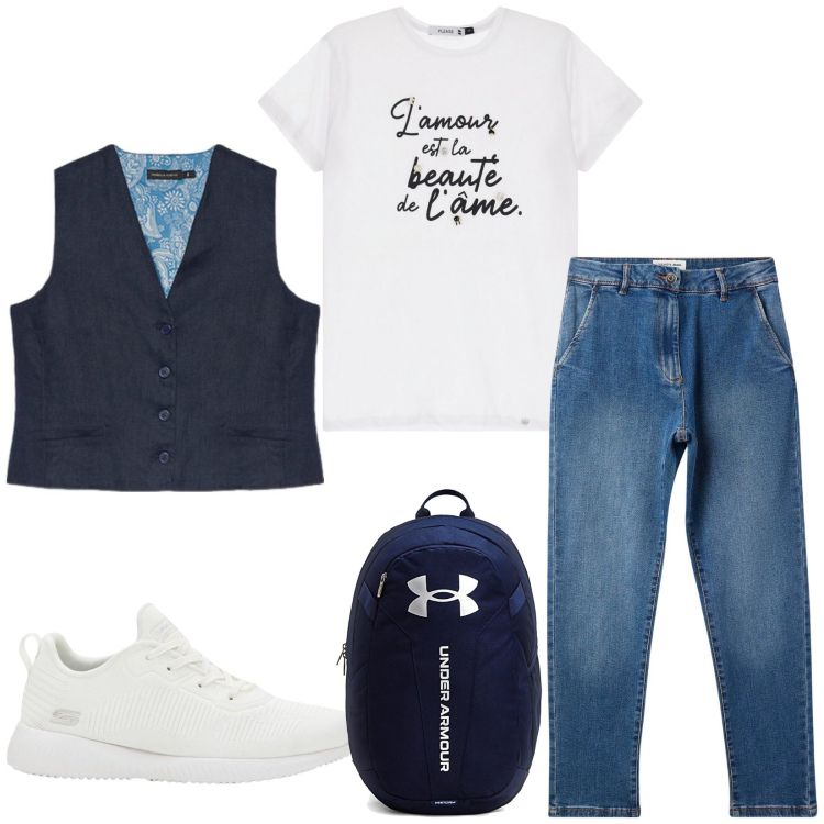 Outfit donna - Total look #2240434. Stile Casual per Tutti i giorni. Abbinamento con sneakers, jeans skinny, t-shirt, gilet, zaini.