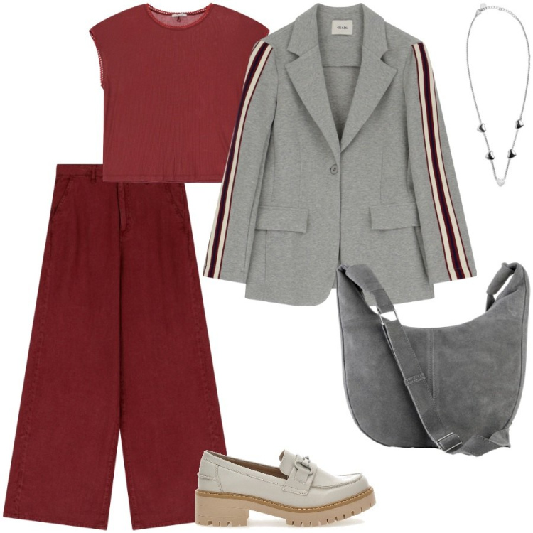 Outfit donna - Trend e comoda. Stile Trendy per Ufficio. Abbinamento con borse a mano, pantaloni, t-shirt, blazer, collane, mocassini.