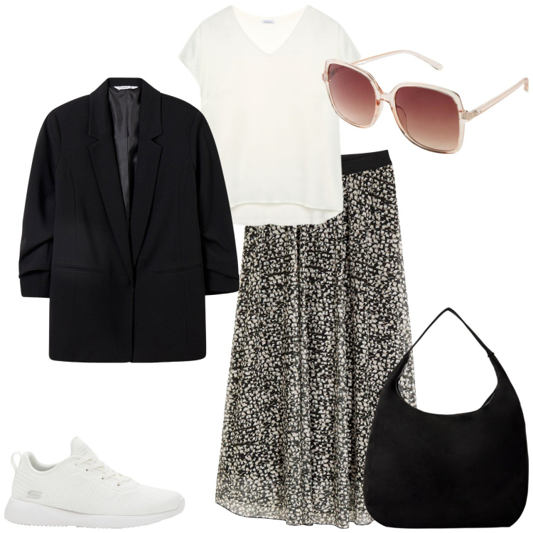 Outfit donna - Total look #2240438. Stile Casual chic per Tutti i giorni. Abbinamento con sneakers, occhiali da sole, gonne, blazer, borse a mano, bluse.