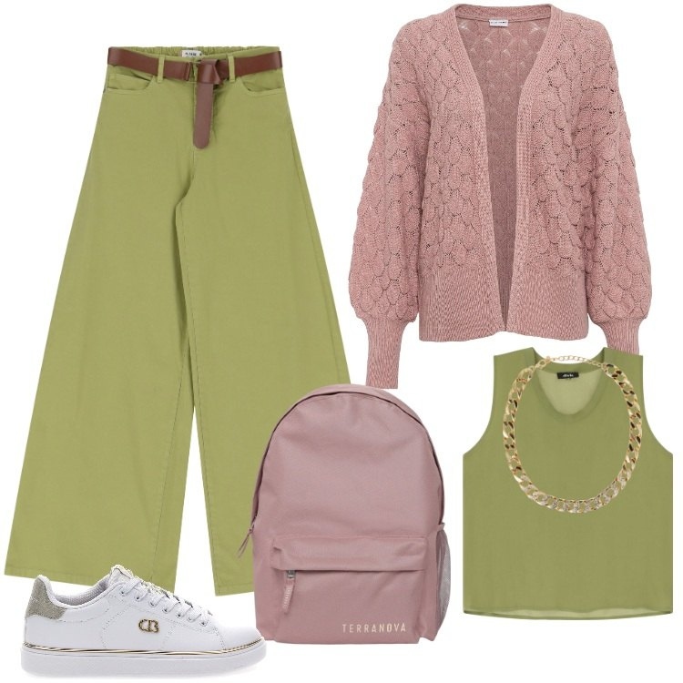 Outfit donna - Total look #2240441. Stile Trendy per Scuola/Università. Abbinamento con cardigans, collane, zaini, pantaloni, top, sneakers.