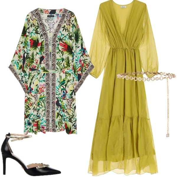 Outfit donna - Festa inizio anno. Stile Romantica per Ufficio. Abbinamento con décolleté, cinture, vestiti lunghi, caftani.