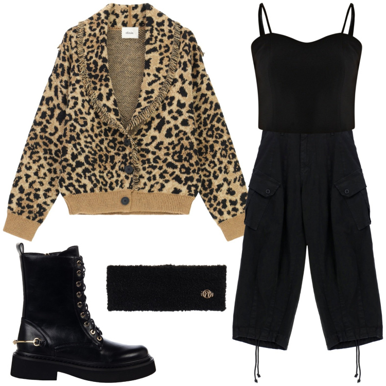 Outfit donna - Il momento dell\'animalier. Stile Urban per Serata fuori. Abbinamento con top, anfibi, pantaloni, fasce per capelli, cardigans.